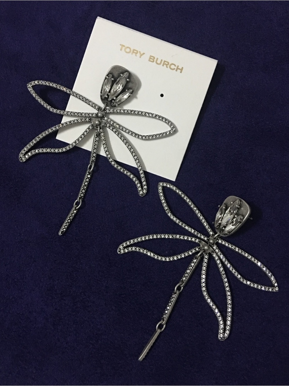 Tory Burch Silver Crystal Dragonfly Dangle Earrings